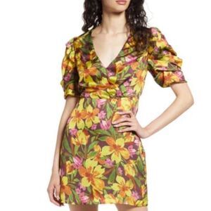 Adelyn rae Pauline satin floral puff sleeve‎ mini dress women’s size M